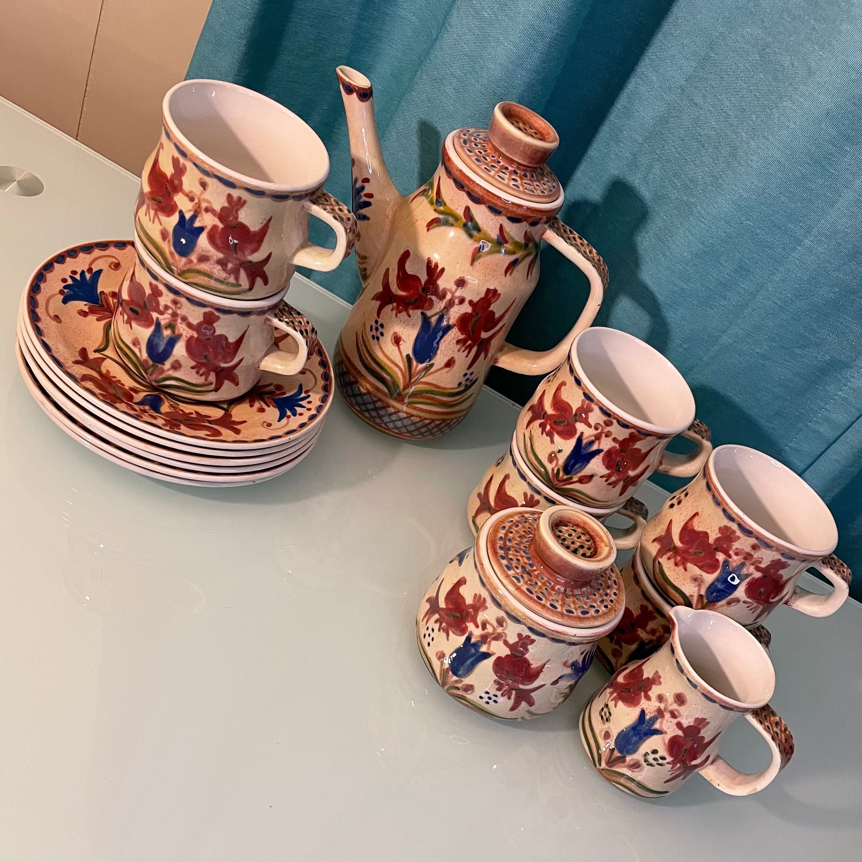 Greek Tea Coffee Set Keramikos 6 Cups & Saucers, Pot, Creamer Sugar