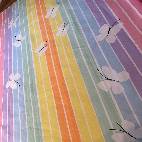 Vintage 80s Rainbow Butterfly Bed Sheet - Vera Neumann Queen Size Flat Sheet - Burlington Bed Sheet - 1980s Bedding - Pastel Rainbow