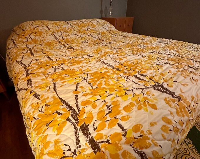 Vintage Jcpenney Quilted Bedspread 1970s Yellow Aspen Trees Coverlet