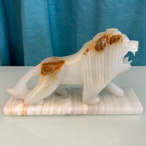 Vintage Carved Marble Alabaster Onyx Lion - Figurine 3” x 11” - Lion Sculpture on Marble Pedestal - Art Statue