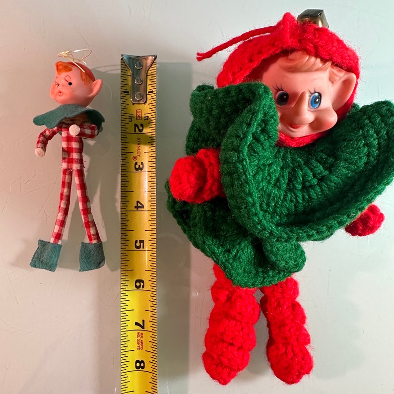 3 Vintage Ornament Elves Elf Doll Bendable Pixies Checkered Clothes