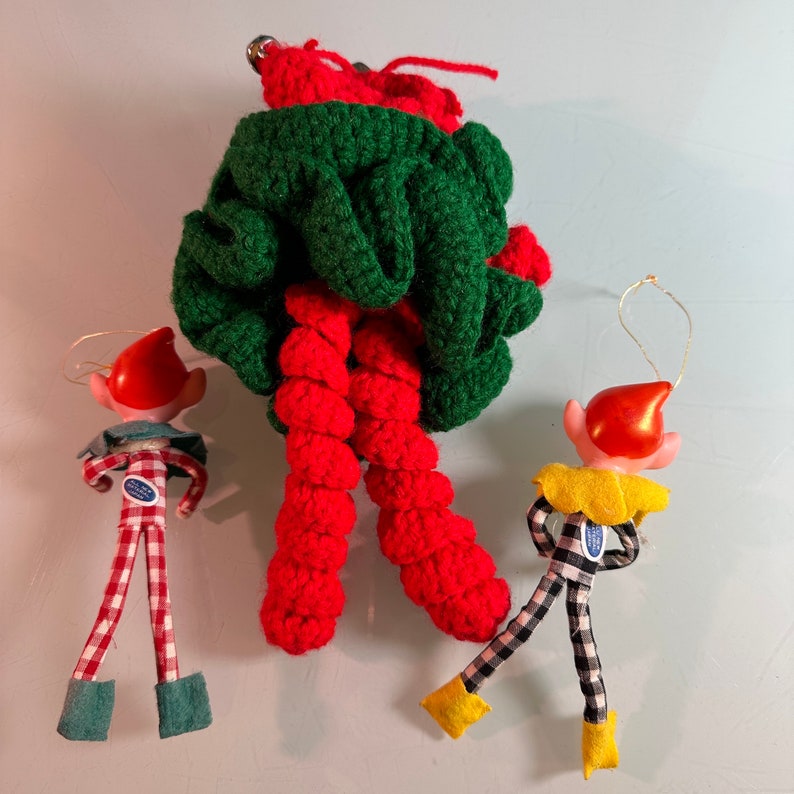 3 Vintage Ornament Elves Elf Doll Bendable Pixies Checkered Clothes
