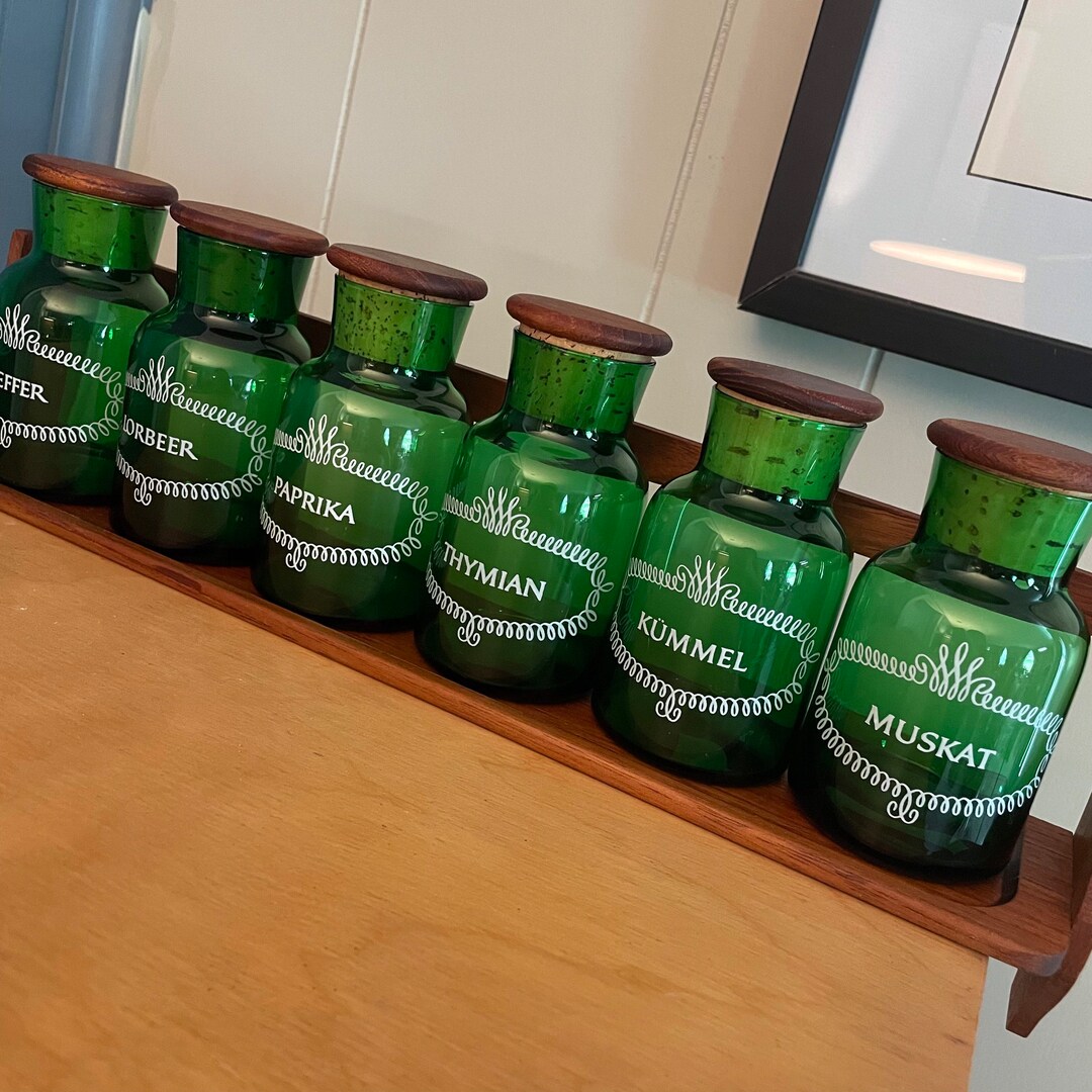 Vintage 70s German Spice Rack Green Glass Jars Cork/ Wood Etsy