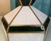 Tiffany Style Large Vintage Hanging Lamp - Green White Stained Glass Light - Slag Glass - Retro Ceiling Light