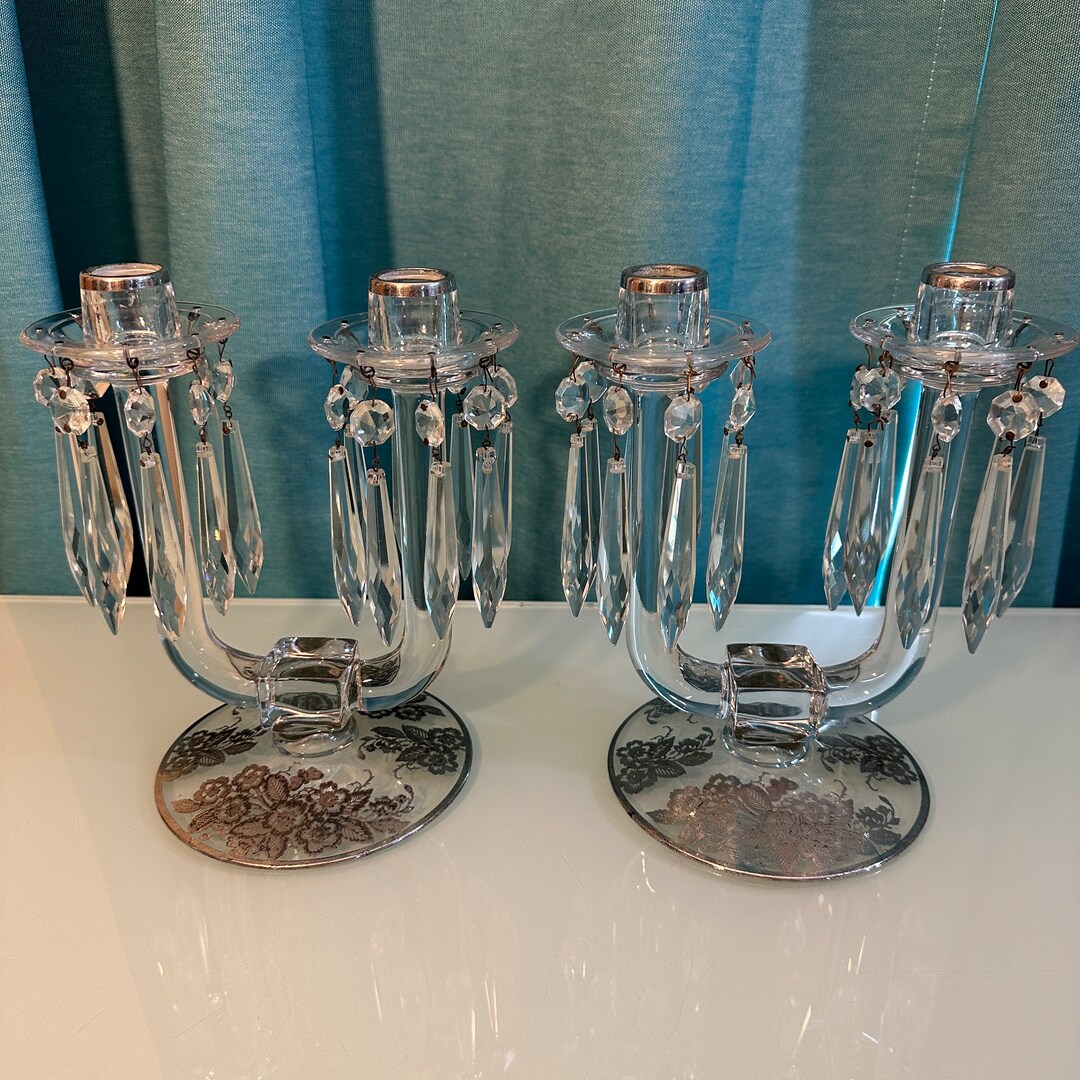 Pair Vintage Bobeche Candelabras Hanging Crystals Silver Etsy