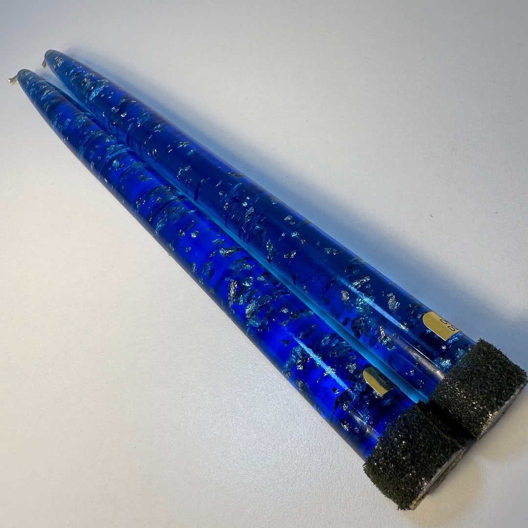 2 Mid Century Blue Lucite Candle Sticks Silver Flakes Flecks 10