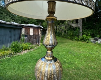 Midcentury Vintage 50s 60s Etched Brass Lamp - Indian - Moroccan Brass Lamp - Brass & Silver - Custom Lamp Shade - India - Asian - Regency