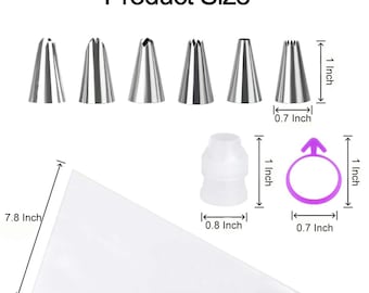 May include: Set of six stainless steel piping tips with a variety of star-shaped openings. The tips are 1 inch tall and 0.7 inches wide. A clear plastic piping bag is 7.8 inches tall and 14 inches wide. A clear plastic coupler is 0.8 inches tall. A purple silicone piping bag holder is 1 inch in diameter.