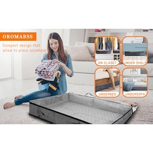 May include: A gray fabric storage bin with a quilted pattern and black handles. The bin is open and empty. The text "OKOMARSS" is visible in the top left corner of the image. The text "Compact design that allow to place anywhere" is visible below the brand name. The image shows the bin in different locations, including under a bed, under a sofa, on top of a closet, and under a shelf.