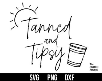 May include: Black and white graphic design with the text "Tanned and Tipsy" and a sun with rays. A black and white outline of a red solo cup is to the right of the text.