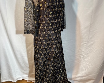 Full length, heavy gold beaded and embroidered gown, formal 60s early 70s evening wear fully lined comfortable black tie formal attire