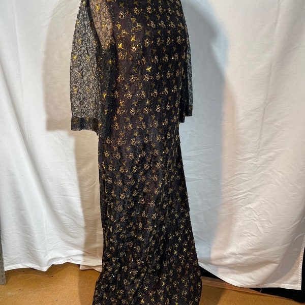 Full length, heavy gold beaded and embroidered gown, formal 60s early 70s evening wear fully lined comfortable black tie formal attire