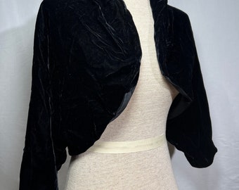 Small vintage black velvet shrug jacket, Satin lined bolero style crop top- from when velvet had that different and better hand feel