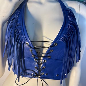 Fringe Leather Halter Top small- medium blue!