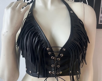 Fringe leather Halter Top small / medium