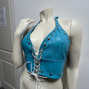 Powder Blue Leather Halter Top small- medium