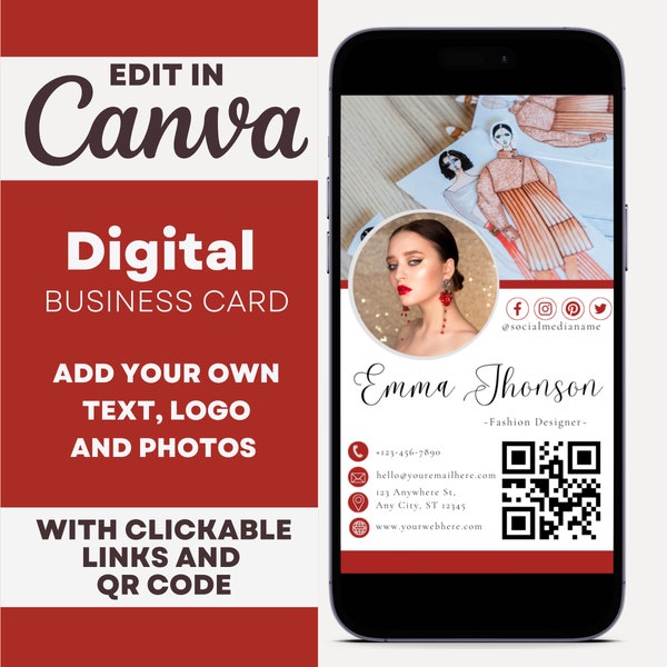 Fashion Designer Business Card, QR Code Digital Business Card Template, Professional Business Cards, Clickable Links Business Card, QR Code