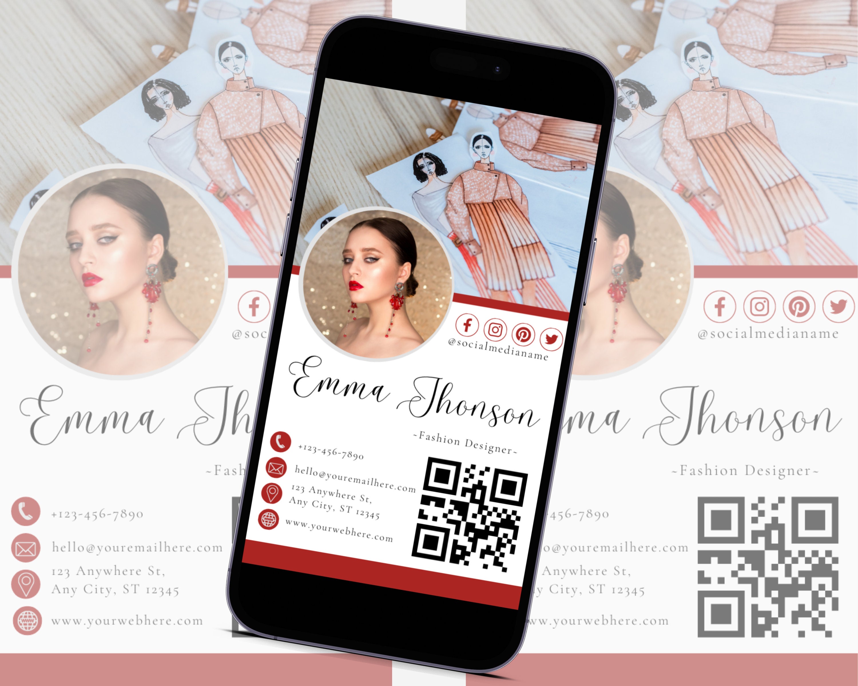 Fashion Designer Business Card, QR Code Digital Business Card Template