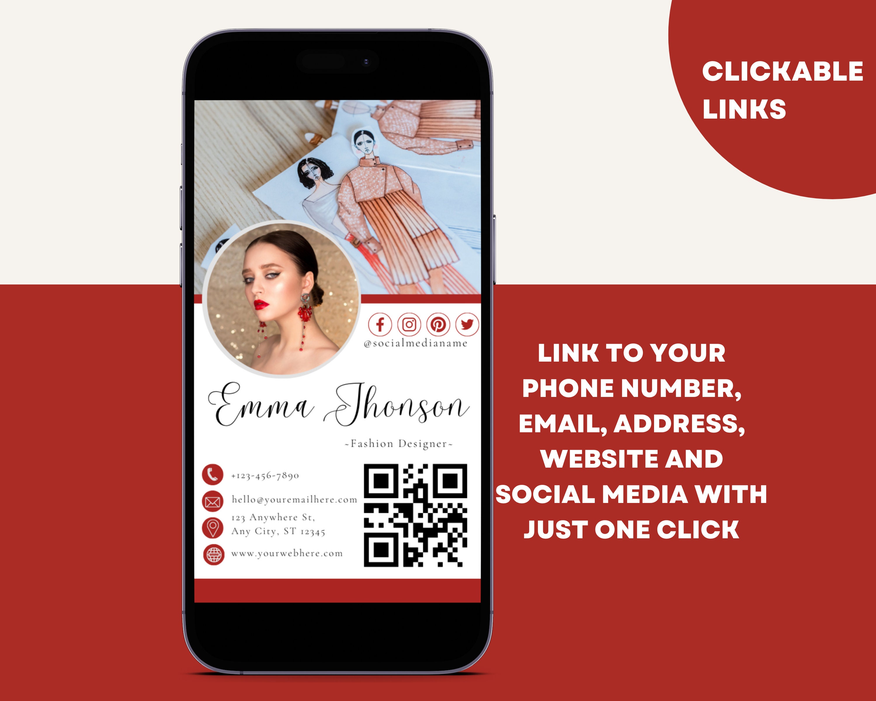 Fashion Designer Business Card, QR Code Digital Business Card Template