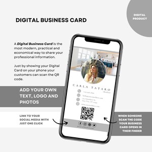 May include: A digital business card template on a smartphone screen. The template features a woman's photo, contact information, a QR code, and social media icons. The text "CARLA TATARO -Realtor- " is displayed at the top of the card.