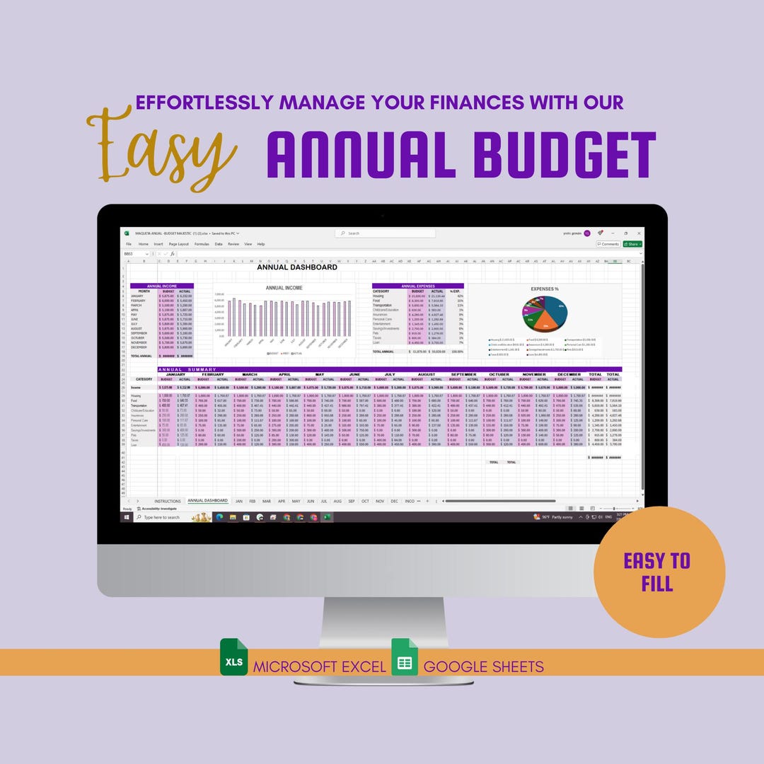 Annual Budget Spreadsheet: Google Sheets & Excel Template (digital ...