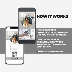 May include: A digital marketing template for a real estate agent. The template features a photo of the agent, contact information, and a QR code. The text "HOW IT WORKS" is displayed at the top of the template. The text "MAKE YOUR ORDER DOWNLOAD THE FILE WITH THE LINK AND THE INSTRUCTIONS. CREATE A FREE CANVA ACCOUNT AND EDIT YOUR TEMPLATE IN YOUR BROWSER OR IN THE APP. DOWNLOAD AND SHARE IT." is displayed below the photo.