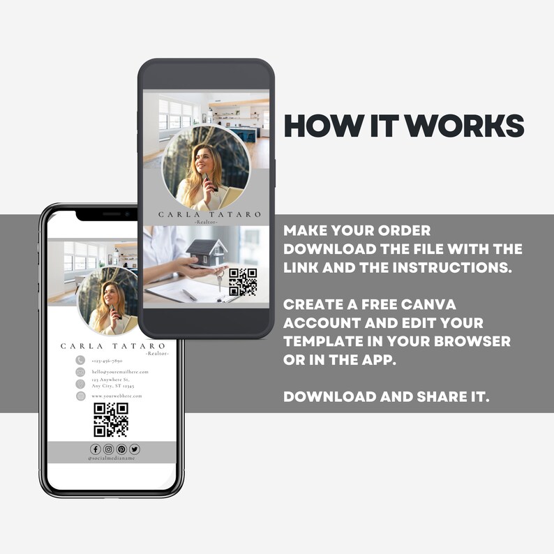 May include: A digital marketing template for a real estate agent. The template features a photo of the agent, contact information, and a QR code. The text "HOW IT WORKS" is displayed at the top of the template. The text "MAKE YOUR ORDER DOWNLOAD THE FILE WITH THE LINK AND THE INSTRUCTIONS. CREATE A FREE CANVA ACCOUNT AND EDIT YOUR TEMPLATE IN YOUR BROWSER OR IN THE APP. DOWNLOAD AND SHARE IT." is displayed below the photo.