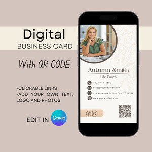 Tarjeta de visita Life Coach, Plantilla de tarjeta de visita digital con código QR, Tarjeta digital de entrenador, Plantilla editable, Tarjeta de visita neutral minimalista