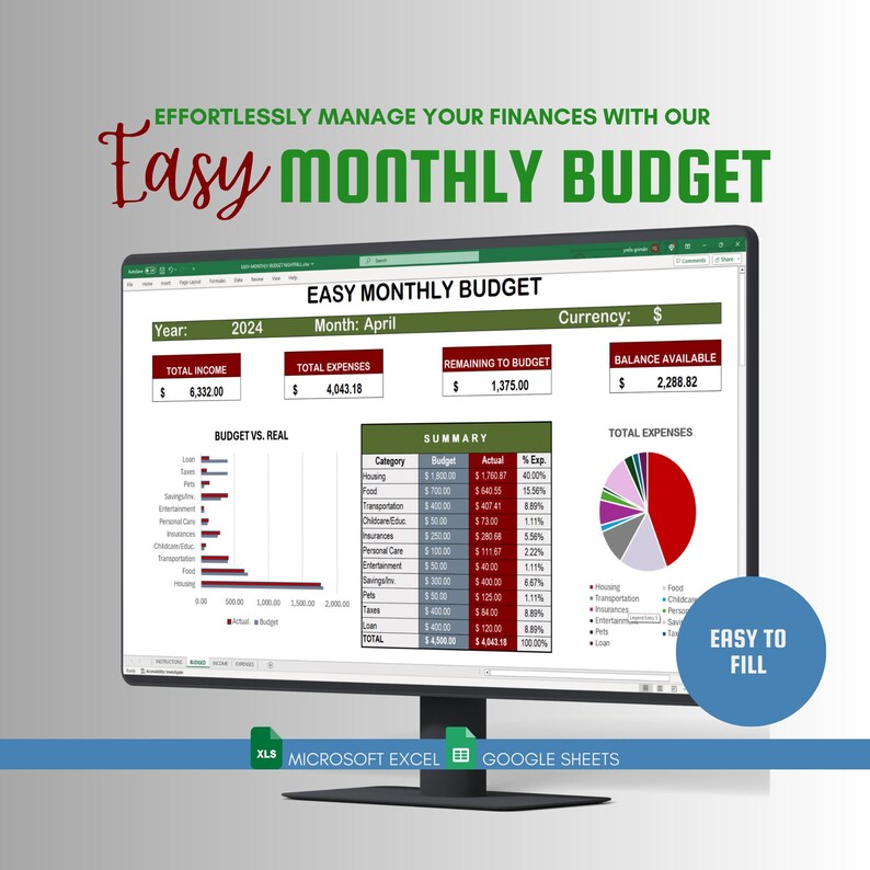 Monthly Budget Spreadsheet: Google Sheets & Excel (digital Download) - Etsy