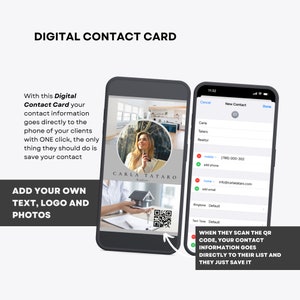 May include: A digital contact card with a QR code. The card features a photo of a woman, her name, and her title, "Realtor". The text "WHEN THEY SCAN THE QR CODE, YOUR CONTACT INFORMATION GOES DIRECTLY TO THEIR LIST AND THEY JUST SAVE IT" is displayed below the QR code.