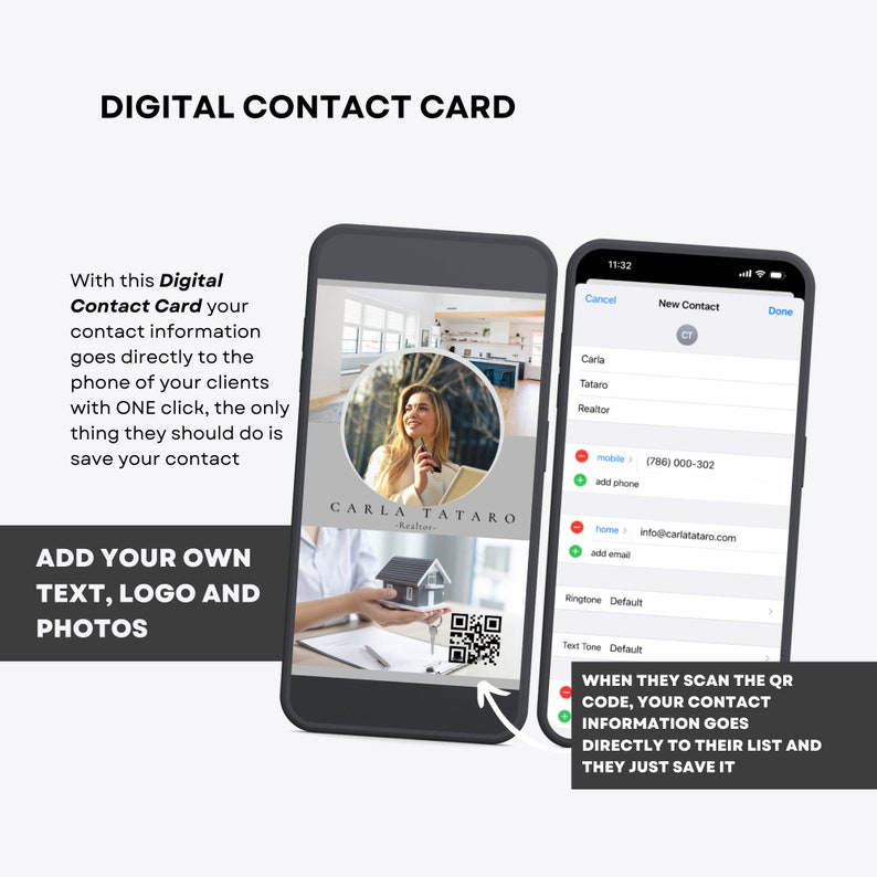 May include: A digital contact card with a QR code. The card features a photo of a woman, her name, and her title, "Realtor". The text "WHEN THEY SCAN THE QR CODE, YOUR CONTACT INFORMATION GOES DIRECTLY TO THEIR LIST AND THEY JUST SAVE IT" is displayed below the QR code.