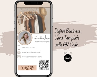 Fashion Designer Business Card, DIGITAL BUSINESS Card Template With QR Code & Clickable Links, Fully Editable Canva Template Design