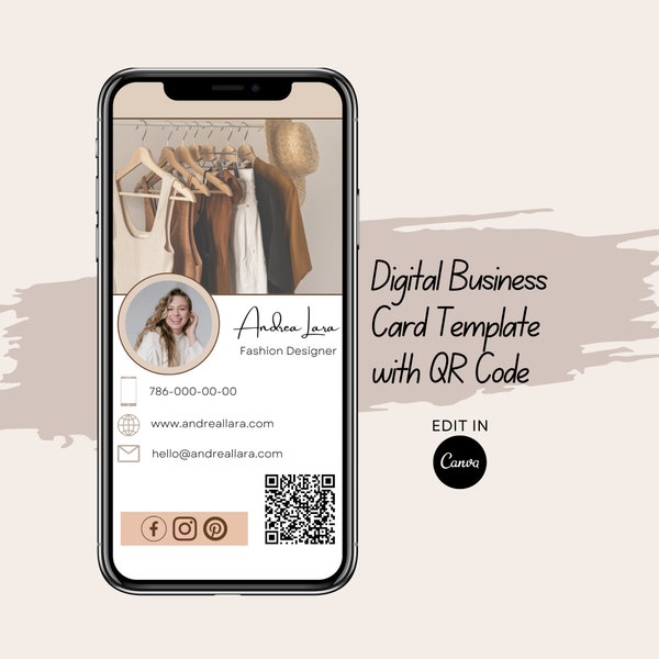 Fashion Designer Business Card, DIGITAL BUSINESS Card Template With QR Code & Clickable Links, Fully Editable Canva Template Design