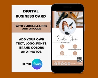 Tarjeta de presentación digital de peluquero, tarjeta de presentación con código QR y enlaces en los que se puede hacer clic, plantilla de Canva editable, plantillas comerciales de peluquería