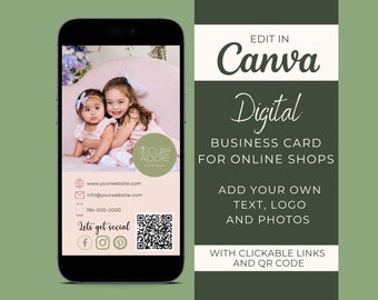 DIGITAL BUSINESS Card Template For Online Shops With QR Code & Clickable Links, Fully Editable Canva Template Design, Instant Download