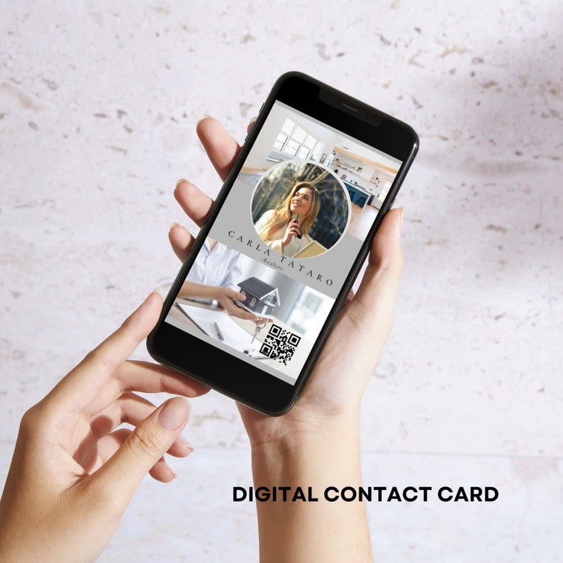 May include: A digital contact card on a smartphone screen. The card features a woman's headshot, the text "CARLA TATARO - Realtor", and a QR code. The text "DIGITAL CONTACT CARD" is displayed below the screen.