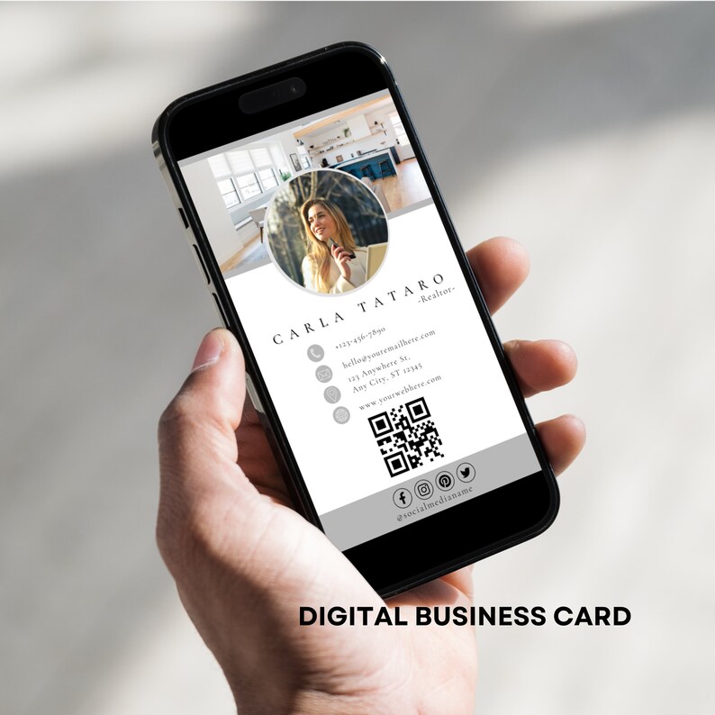 May include: A digital business card for Carla Tataro, a realtor. The card features a photo of Carla, her contact information, and a QR code. The card is displayed on a smartphone.