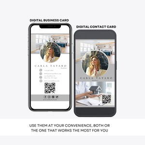 May include: Two digital business cards for a realtor named Carla Tataro. The first card is a business card with a photo of Carla, her contact information, and a QR code. The second card is a contact card with a photo of Carla holding a house model and a QR code.