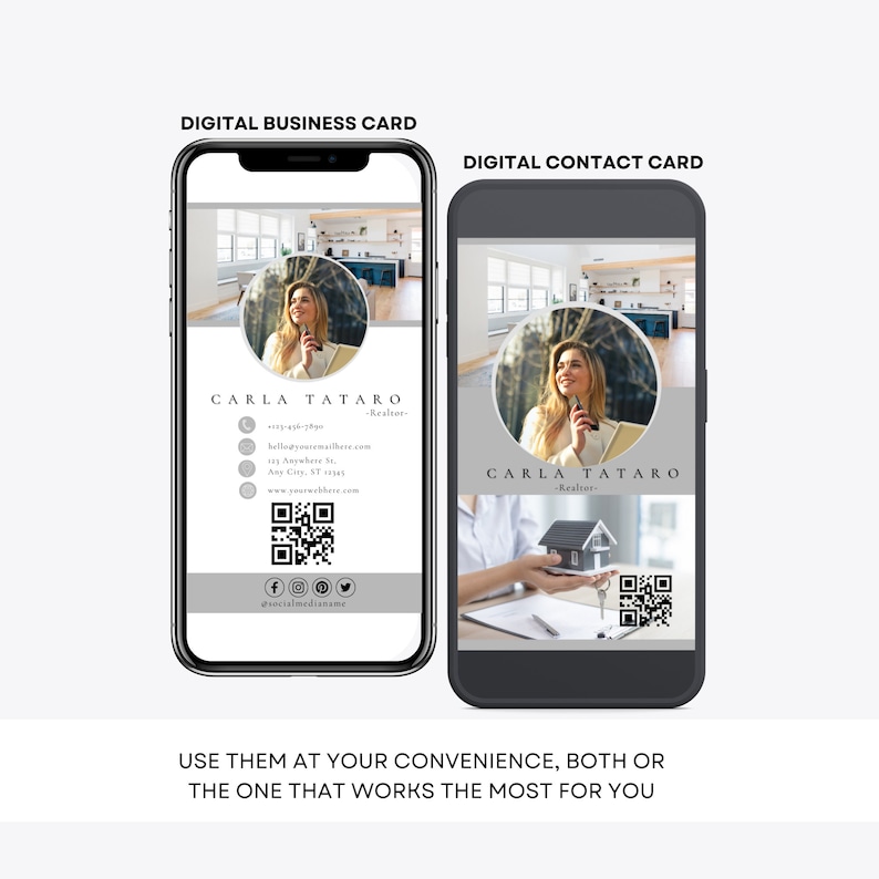 May include: Two digital business cards for a realtor named Carla Tataro. The first card is a business card with a photo of Carla, her contact information, and a QR code. The second card is a contact card with a photo of Carla holding a house model and a QR code.
