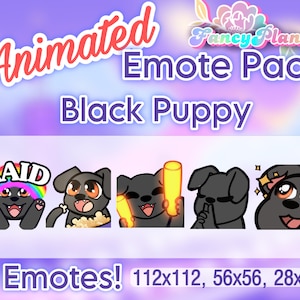 5 Czarny Szczeniak Animowany Pakiet Emotikon Twitch, Emotikony Twitch Sub, Emotikony Discord, Emotikony Tekstowe, Animowane Emotikony, Emotikony Uroczego Psa