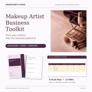 May include: A digital business toolkit for makeup artists featuring the text Makeup Artist Business Toolkit, calculators, guides, and templates. Includes a workbook preview, makeup brushes, a palette, and foundation bottles.