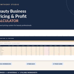 Könnte beinhalten: Ein digitales Excel-System zur Preis- und Gewinnkalkulation für Beauty-Unternehmen von Growthory Studio. Die Benutzeroberfläche zeigt eine Gewinn-Tabelle mit Spalten für Dienstleistungen, Kosten und Margen sowie Angaben zu 2 Arbeitsmappen, 8 Reitern und einem 17-seitigen Leitfaden.