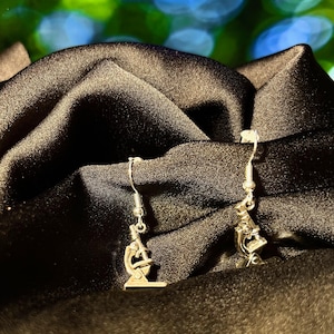 May include: A pair of silver microscope earrings hanging from a black fabric background.