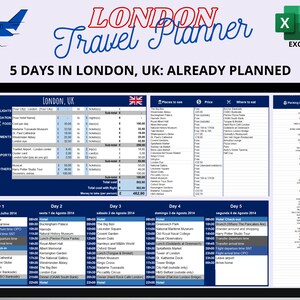 Op de afbeelding: Een digitale Londen reisplanner weergegeven op een laptopscherm. De planner, getiteld "London Travel Planner", bevat een gedetailleerde 5-daagse route met secties voor vluchten, accommodatie, eten en bezienswaardigheden. De Excel-spreadsheet is klaar voor gebruik.