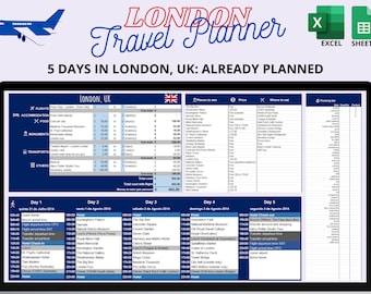 May include: A digital London travel planner displayed on a laptop screen. The planner, titled "London Travel Planner," includes a detailed 5-day itinerary with sections for flights, accommodation, food, and places to see. The Excel spreadsheet is ready to use.