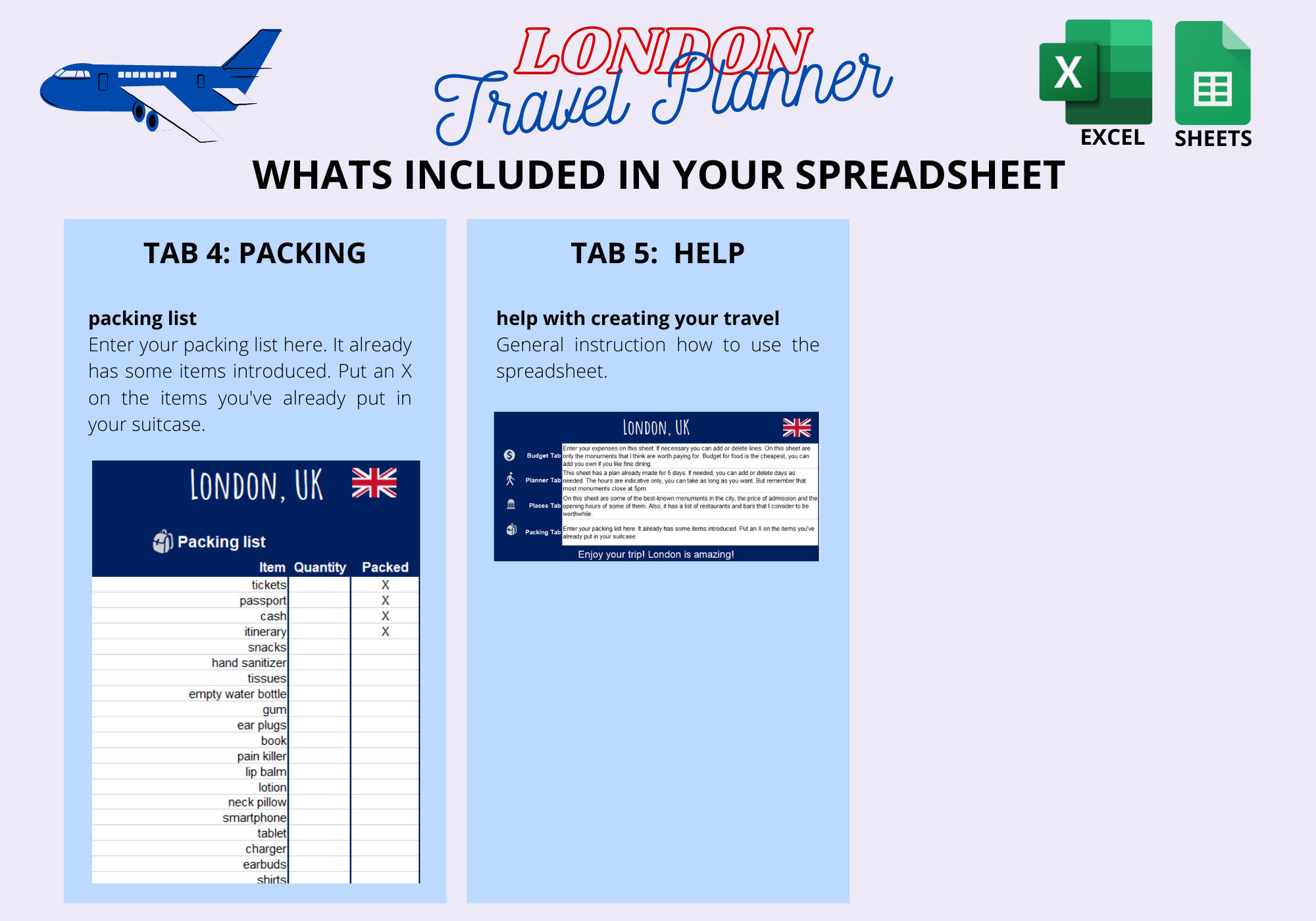 London Itinerary Travel Planner Excel Google Sheets Digital United Kingdom England UK Digital