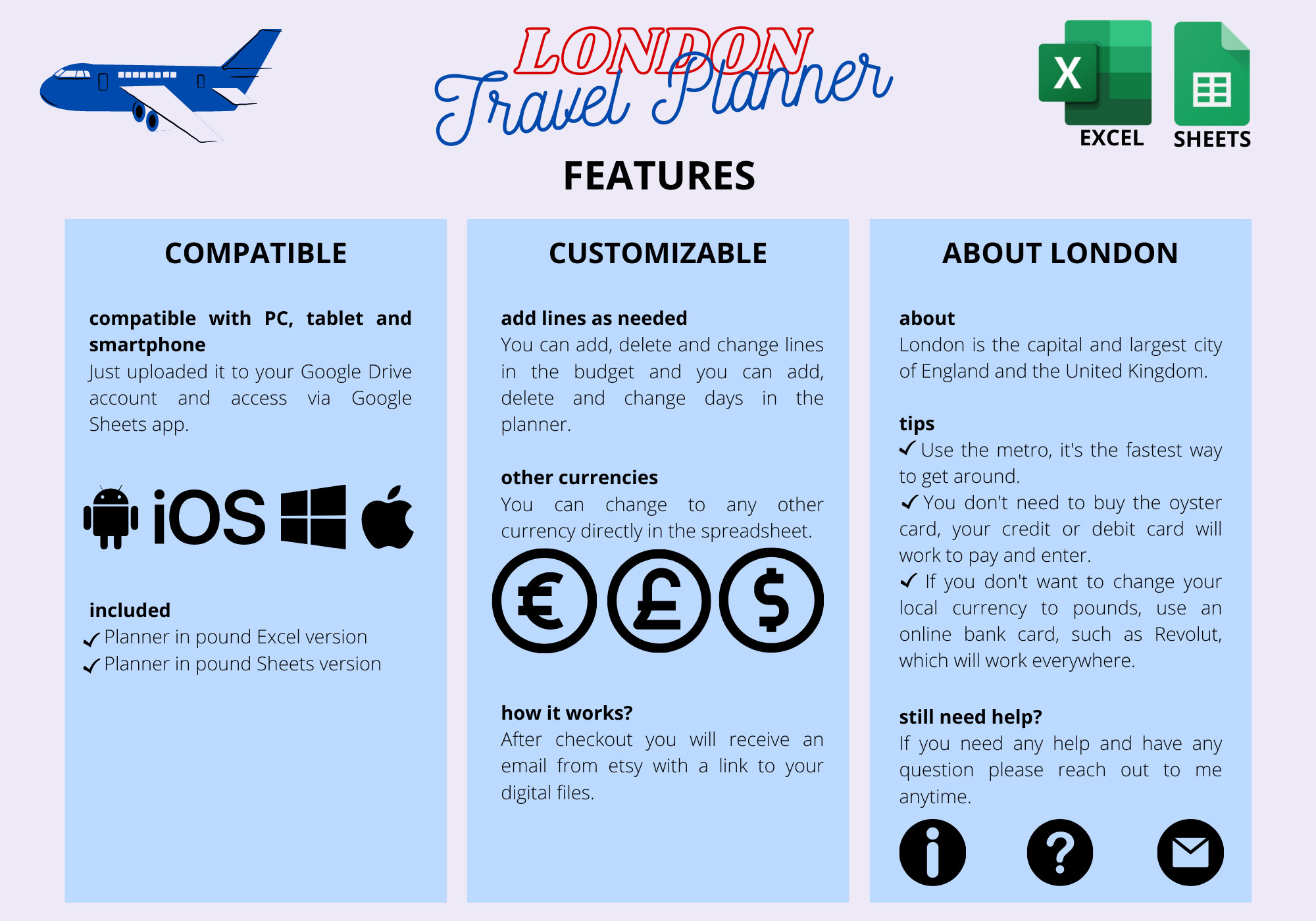 London Itinerary Travel Planner Excel Google Sheets Digital United Kingdom England UK Digital