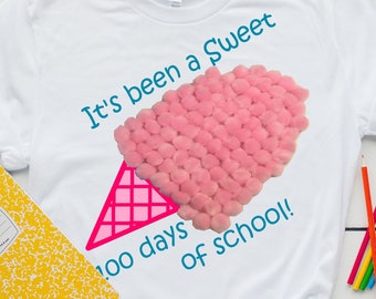May include: White t-shirt with the text "It's been a sweet 100 days of school!" in blue. A pink cotton ball ice cream cone is on the shirt.