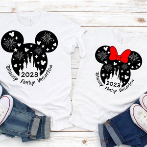 Family Vacation 2023 SVG, Mickey Mouse and Minnie Mouse head with castle and fireworks, SVG, Dxf, Eps and Png files included