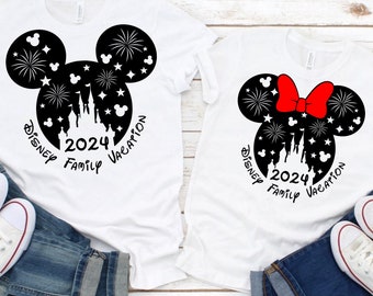 Family Vacation 2024 SVG, Mickey Mouse and Minnie Mouse head with castle and fireworks, SVG, Dxf, Eps and Png files included